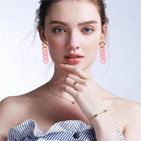 Chunky Chain Link Earrings | Pastel Resin Drop Dangle, Statement Earrings. - Picture 3 of 6